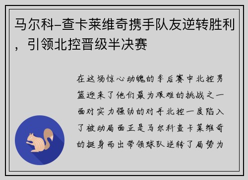 马尔科-查卡莱维奇携手队友逆转胜利，引领北控晋级半决赛